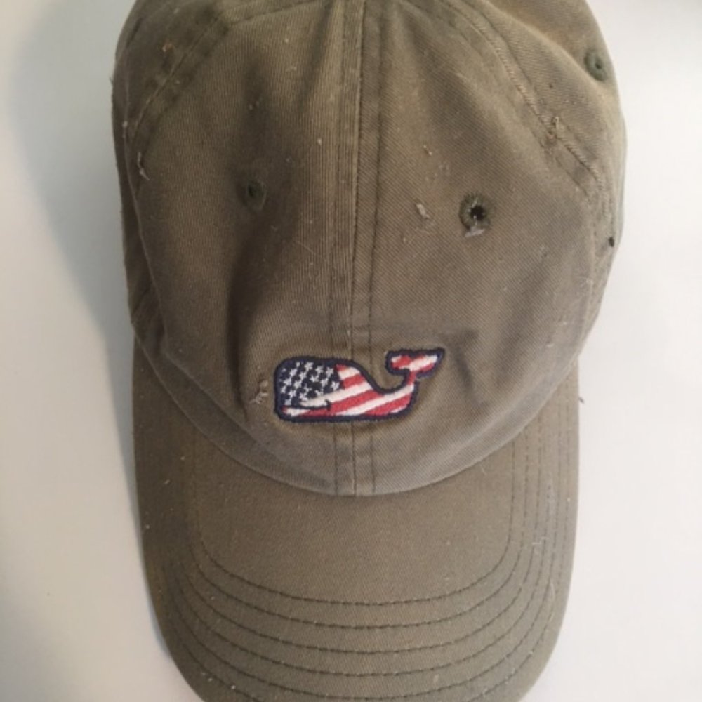 Vineyard Vines Hat with American Flag Whale, Olive, Adjustable